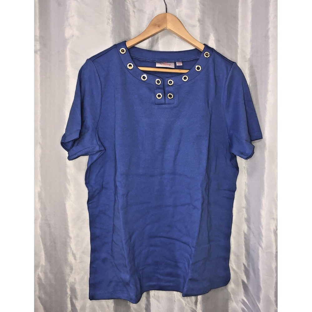 Quacker Factory Women's Grommet Detail Split-Neck T-Shirt Periwinkle Sz Large